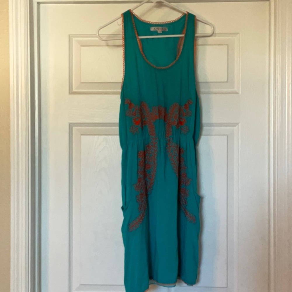 Small silk, teal and orange dress with pockets